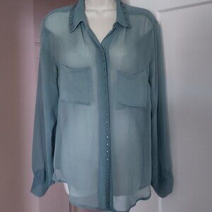 Flannel America Sheer Sea Green Sheer Blouse with Metal Stud Accents